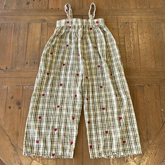Pink chicken aspen green plaid heart embroidered wide leg romper - Picture 1 of 7